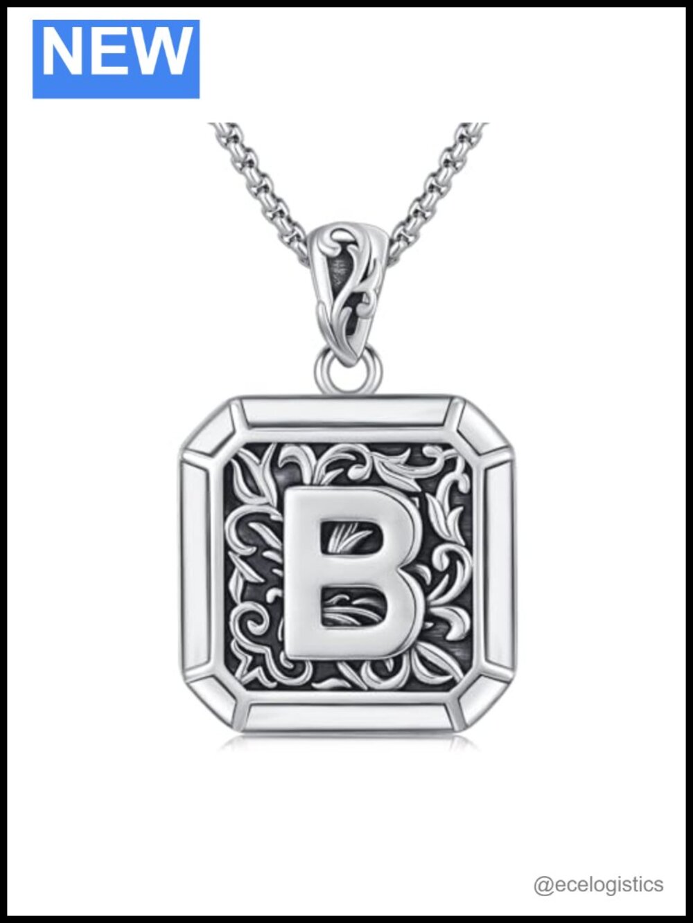Sterling Silver Square Initial B Pendant Necklace 22" Chain
